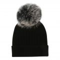Womens Black/Frosted Fox Rib Hat with Fur Pom 78212 by BKLYN from Hurleys