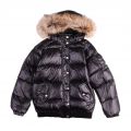 Girls Black Aviator Shiny Fur Hooded Jacket