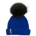 Womens Electric Blue & Black Wool Hat With Changeable Fur Pom