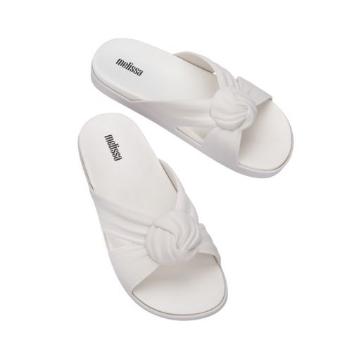 Womens White Plush Knot Slides 103646 by Melissa from Hurleys