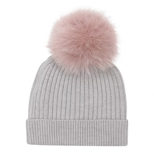 Womens Light Grey/Powder Fox Rib Hat with Fur Pom 78227 by BKLYN from Hurleys