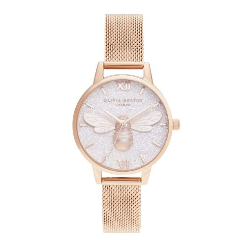 Womens Rose Gold Lucky Bee Glitter Dial Mesh Watch 59444 by Olivia Burton from Hurleys