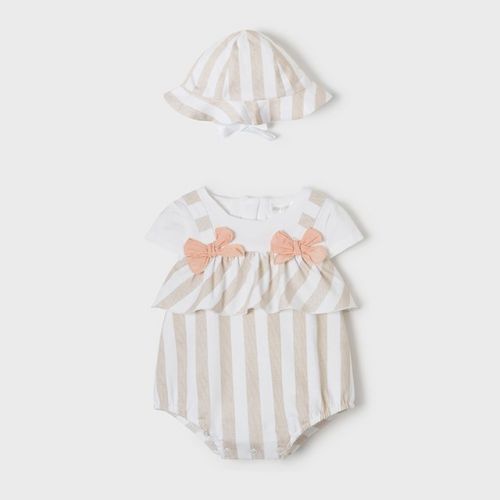 Baby Taupe Stripe Bow Romper w/Hat 106344 by Mayoral from Hurleys