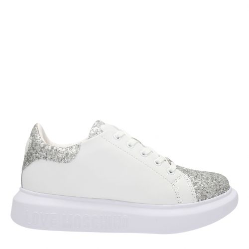 Womens White/Silver Glitter Tab Trainers 80179 by Love Moschino from Hurleys