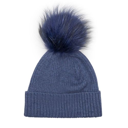 Womens Steel Blue/Navy Bobble Hat with Fur Pom 98652 by BKLYN from Hurleys