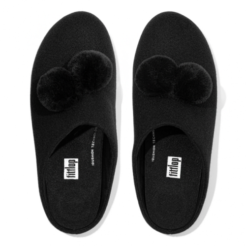 Womens All Black Chrissie Pom Pom Slippers 95175 by FitFlop from Hurleys