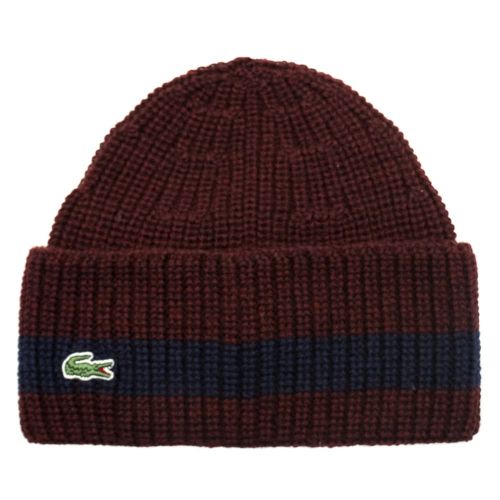 Mens Burgundy Stripe Detail Knitted Hat 61829 by Lacoste from Hurleys