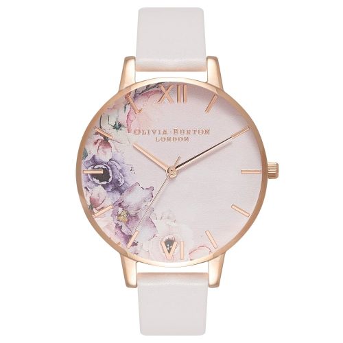 Womens Blush & Rose Gold Watercolour Florals Big Dial Watch 26053 by Olivia Burton from Hurleys