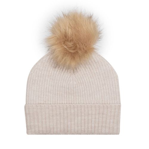 Womens Light Sand/Camel Beanie Hat with Faux Fur 98687 by BKLYN from Hurleys