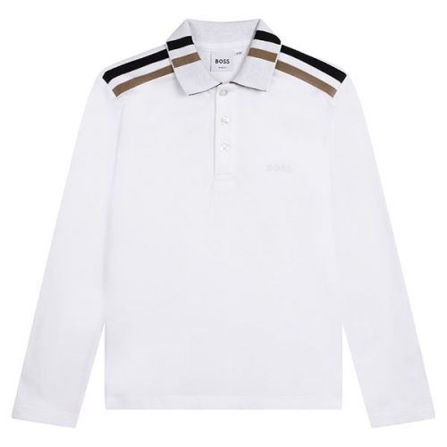 Kids White Stripe L/s Polo Shirt 111184 by BOSS from Hurleys