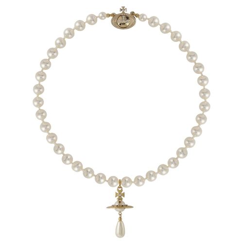 Womens Gold/Pearl One Row Pearl Drop Choker 82385 by Vivienne Westwood from Hurleys