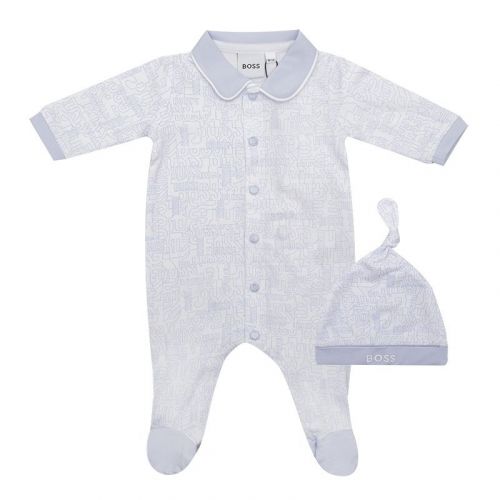 Baby Pale Blue/White Hat + Babygrow Set 101855 by BOSS from Hurleys