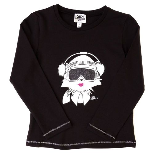 Girls Black Cat L/s Tee Shirt 65664 by Karl Lagerfeld Kids from Hurleys