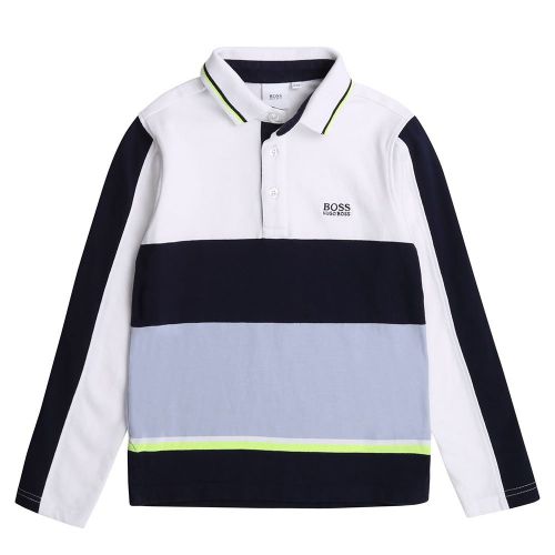 Boys White/Navy Colourblock Stripe L/s Polo Shirt 80586 by BOSS from Hurleys