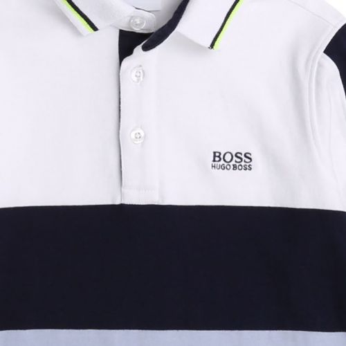 Boys White/Navy Colourblock Stripe L/s Polo Shirt 80587 by BOSS from Hurleys