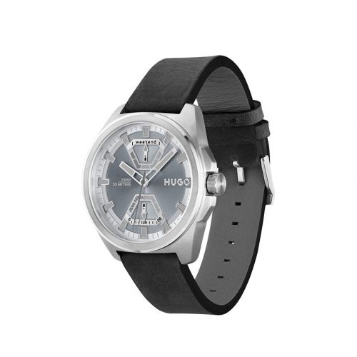 Mens Silver/Grey/Black Expose Leather Strap HUGO Watch 104358 by HUGO from Hurleys