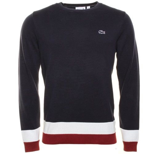 Mens Navy Made In France Stripe Bottom Crew Knitted Jumper 73125 by Lacoste from Hurleys