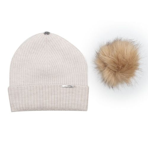 Womens Light Sand/Natural Bobble Hat with Fur Pom 98681 by BKLYN from Hurleys