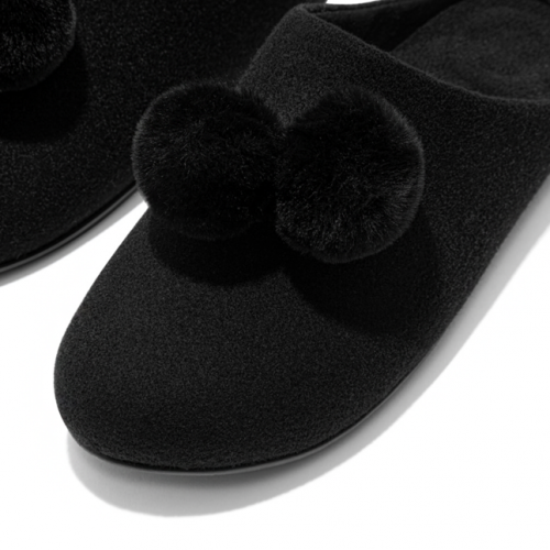 Womens All Black Chrissie Pom Pom Slippers 95177 by FitFlop from Hurleys
