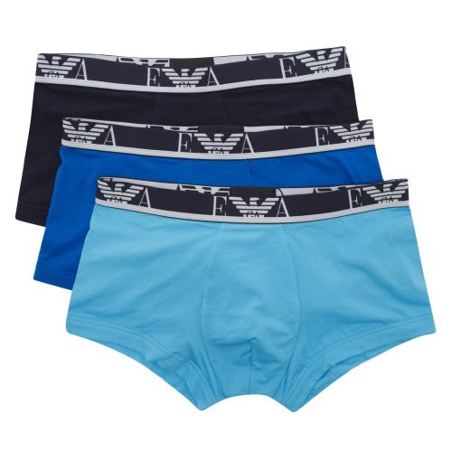 Mens Turquoise, Marine & Logo Waist 3 Pack Trunks 19969 by Emporio Armani Bodywear from Hurleys