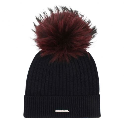 Womens Navy/Wine Rib Hat with Fur Pom 78225 by BKLYN from Hurleys