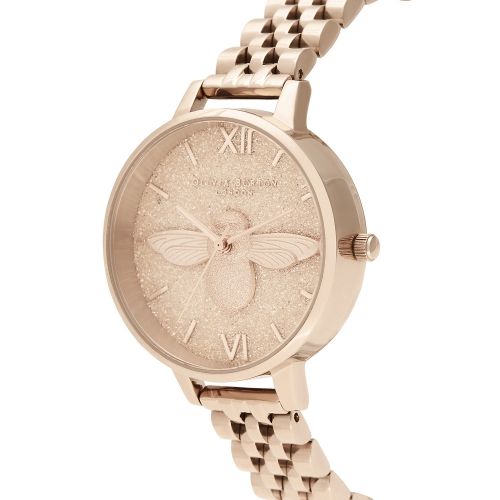 Womens Pale Rose Gold Glitter Dial 3D Bee Bracelet Watch 49166 by Olivia Burton from Hurleys