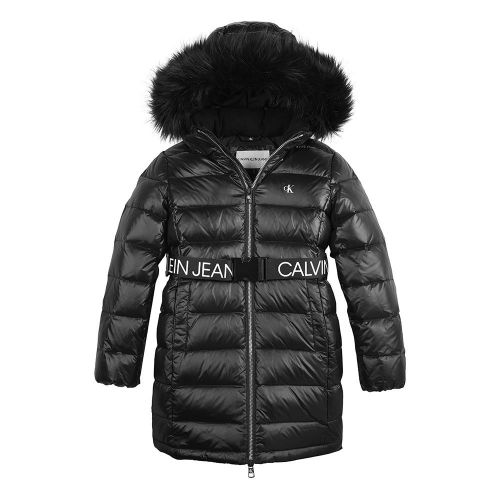 Girls Black Padded Faux Fur Hood Coat 77731 by Calvin Klein from Hurleys