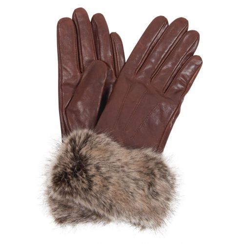 Womens Dark Caramel Fur Trim Leather Gloves 92330 by Barbour from Hurleys