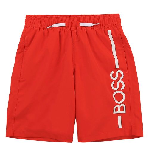Boys Bright Red Branded Leg Swim Shorts 83916 by BOSS from Hurleys