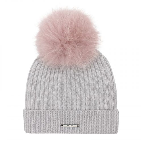 Womens Light Grey/Powder Fox Rib Hat with Fur Pom 78230 by BKLYN from Hurleys