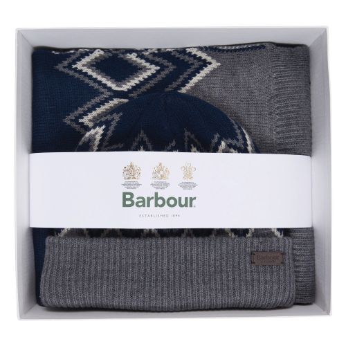 Mens Navy/Grey Elwick Beanie & Scarf Set 97072 by Barbour from Hurleys