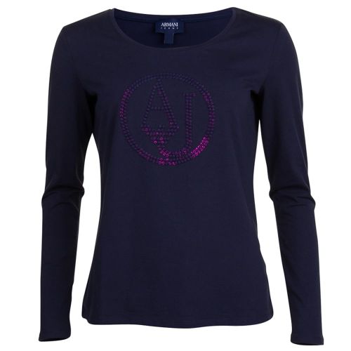 Womens Navy Sequin Logo L/s T Shirt 70308 by Armani Jeans from Hurleys