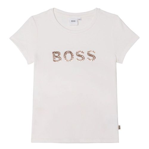 Girls Off White Sequin Logo S/s T Shirt 93292 by BOSS from Hurleys