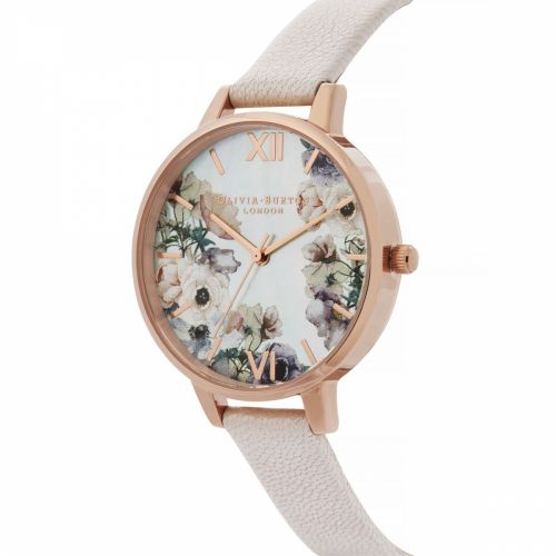 Womens Nude Mother Of Pearl Pink & Rose Gold Watercolour Florals Watch 33897 by Olivia Burton from Hurleys