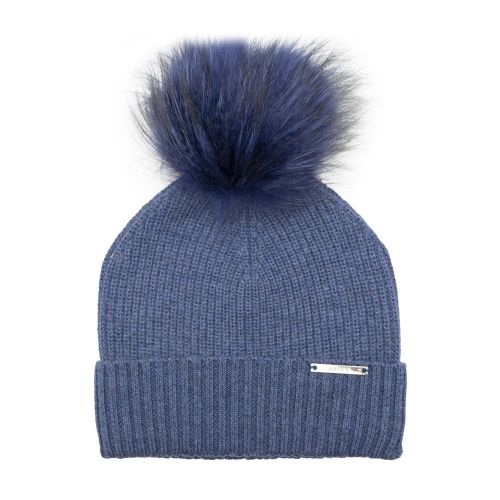 Womens Steel Blue/Navy Bobble Hat with Fur Pom 98651 by BKLYN from Hurleys