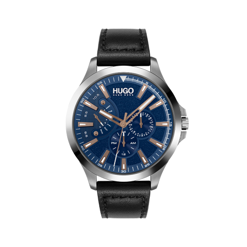Mens Black/Blue/Silver Leap Leather Watch 78796 by HUGO from Hurleys