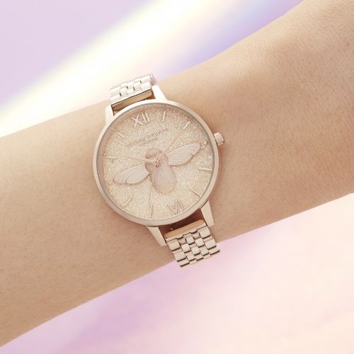 Womens Pale Rose Gold Glitter Dial 3D Bee Bracelet Watch 49167 by Olivia Burton from Hurleys