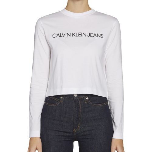 Womens Bright White Institutional Logo Cropped L/s T Shirt 49940 by Calvin Klein from Hurleys