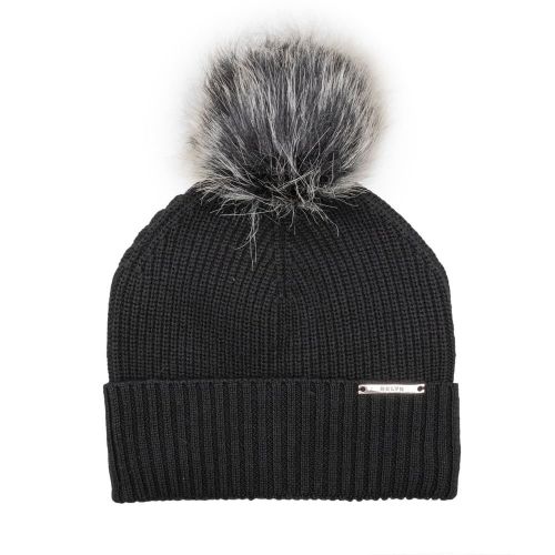 Womens Black/Black White Beanie Hat with Faux Fur 98685 by BKLYN from Hurleys
