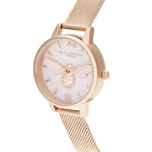 Womens Rose Gold Lucky Bee Glitter Dial Mesh Watch 59445 by Olivia Burton from Hurleys