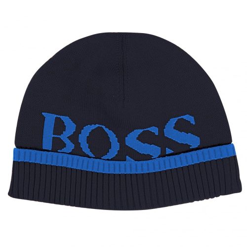 Baby Navy Branded Knitted Hat 65383 by BOSS from Hurleys