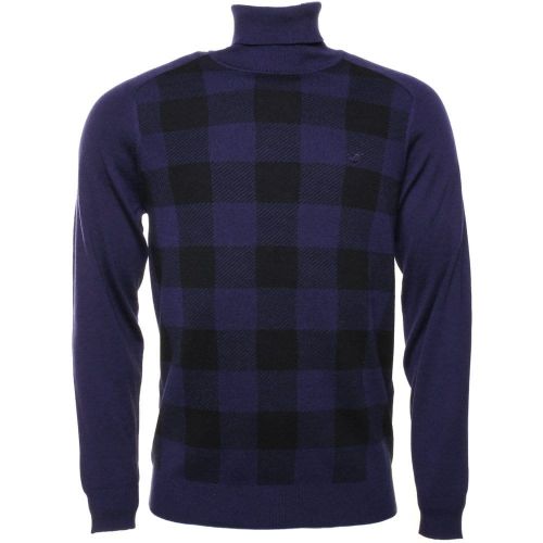Mens Navy Block Check Merino Roll Neck Jumper 25085 by Lyle and Scott from Hurleys
