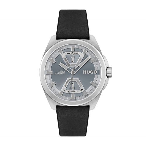 Mens Silver/Grey/Black Expose Leather Strap HUGO Watch 104356 by HUGO from Hurleys