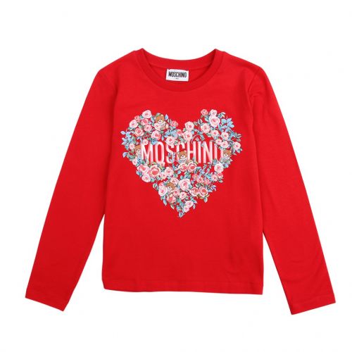 Girls Flame Red Floral Heart L/s T Shirt 90677 by Moschino from Hurleys