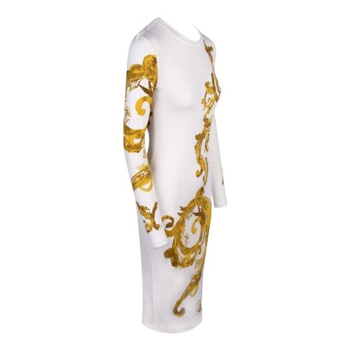 Versace Jeans Couture Midi Dress Womens White/Gold Watercolour Organzino Midi Dress