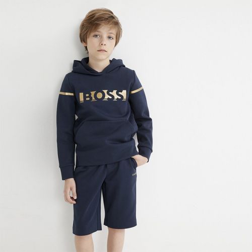 Boys Navy Gold Logo Sweat Shorts 102309 by BOSS from Hurleys