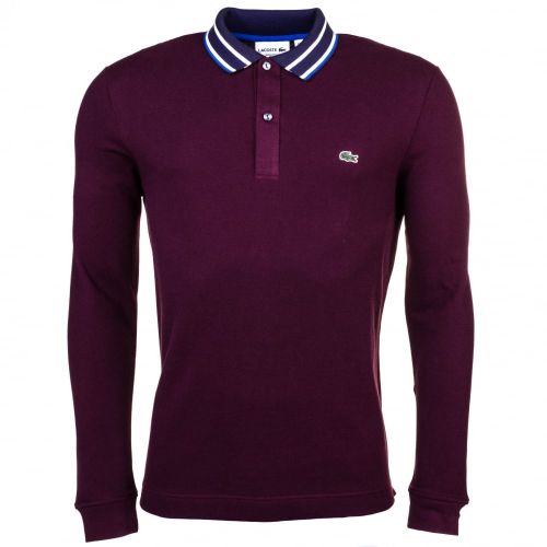 Mens Burgundy Striped Collar L/s Polo Shirt 61748 by Lacoste from Hurleys