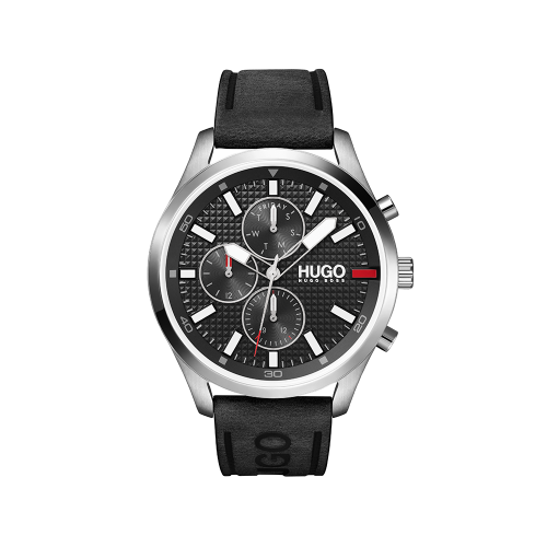 Mens Black/Silver Chase Leather Watch