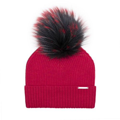 Womens Cherry Red/Black Red Tips Bobble Hat with Fur Pom 98675 by BKLYN from Hurleys