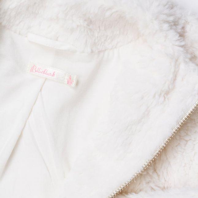 Girls White Embroidered Trim Faux Fur Zip Jacket